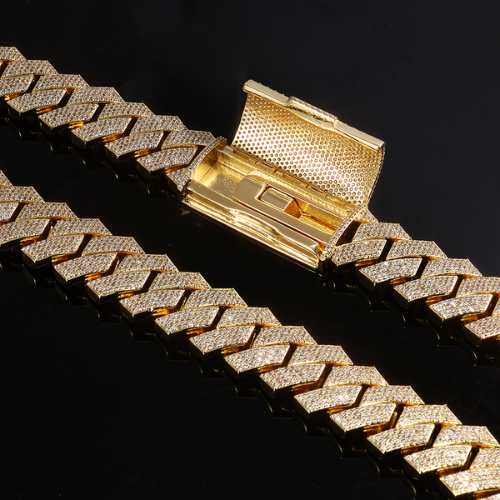 Iced Out 4 Row Prong Miami Cuban Link Chain, 18K Gold Plated