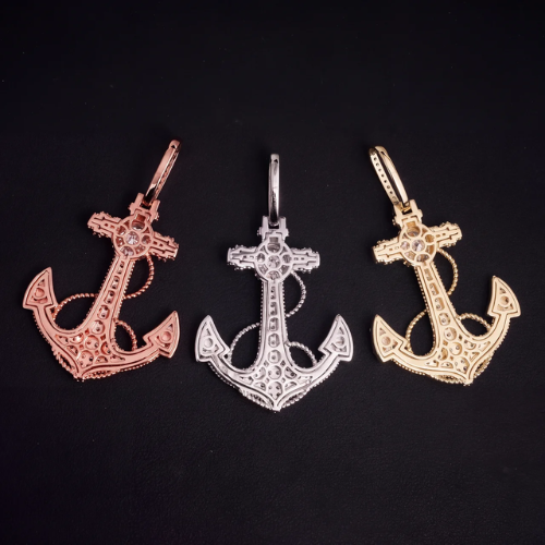 Iced Out Anchor Pendant, Moissanite Center Stone in 925 Sterling Silver