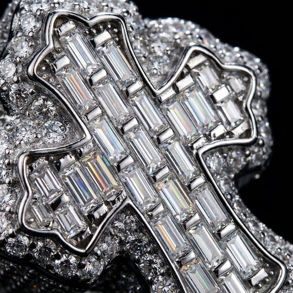 925 Sterling Silver Baguette Moissanite Cross Ring