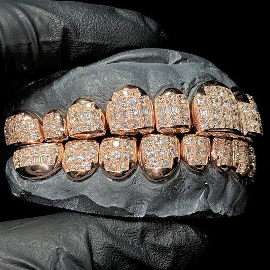 Side angle of 8x8 moissanite grillz full set showing iced top and bottom rows