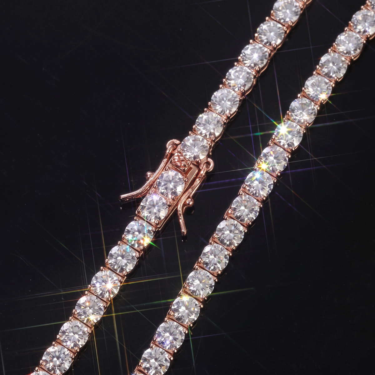 Moissanite tennis chain necklace in 925 sterling silver on black