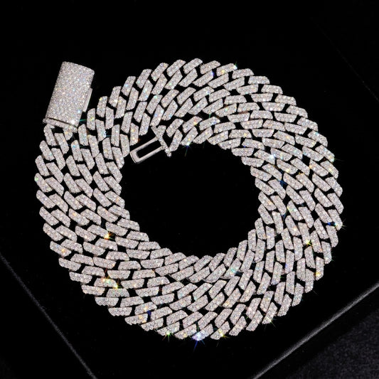 Silver 8mm moissanite iced out Cuban link chain coiled with iced box clasp