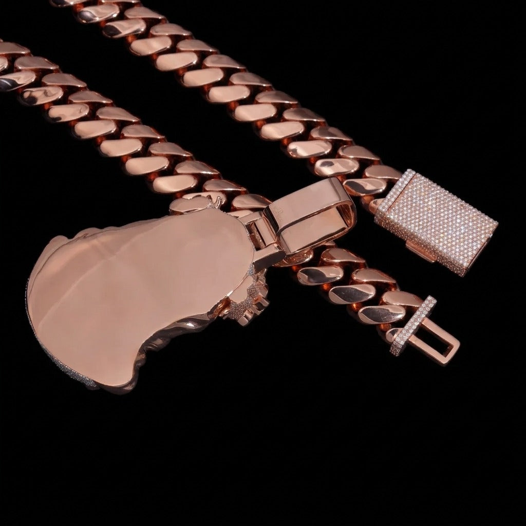 Back of pendant, bail, and iced box clasp on 24mm rose gold Cuban chain