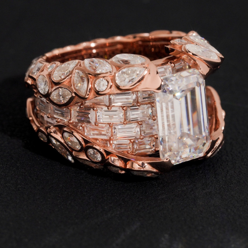 IVY CROWN moissanite ring angled view showing baguette band and leaf edges