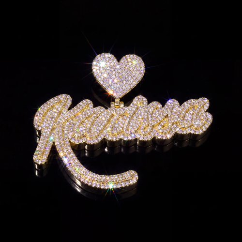 Custom Cursive Name Pendant with Iced Heart, Gold Plated