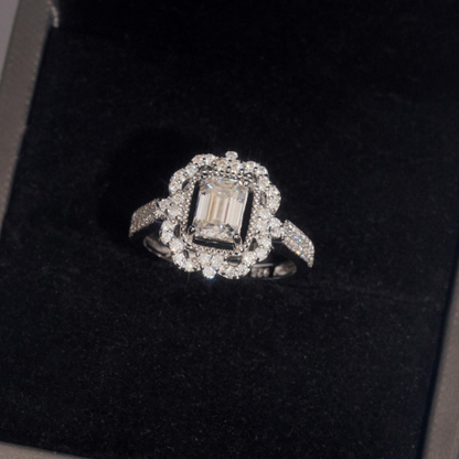 1 Carat Emerald Cut Moissanite Engagement Ring, Vintage Halo, 925 Silver