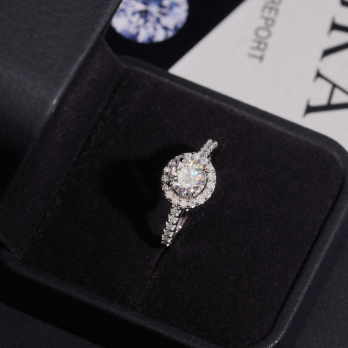 1 Carat Round Halo Moissanite Engagement Ring, 925 Silver, Passes Tester