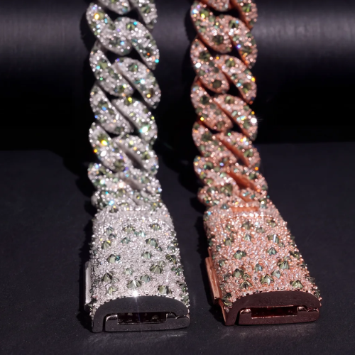 EMERALD MOSAIC 18mm Iced Cuban Link Bracelet, Green Moissanite in 925 Sterling Silver, GRA Certified