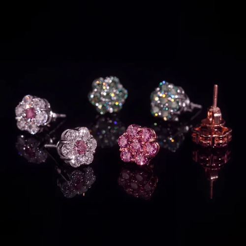 Iced Out BLOOM Colored Moissanite Flower Cluster Studs - 925 Silver Screw Back