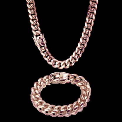 Rose Gold Cuban Link Necklace & Bracelet 14mm