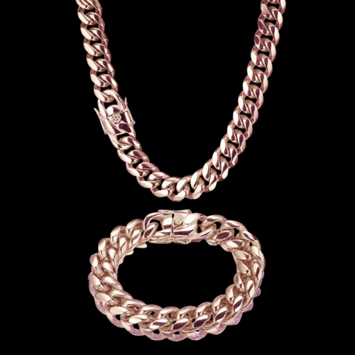 Rose Gold Cuban Link Necklace & Bracelet 14mm