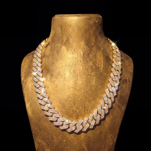 20MM Iced Out 3 Row Prong Cuban Link Chain, 18K Gold Plated