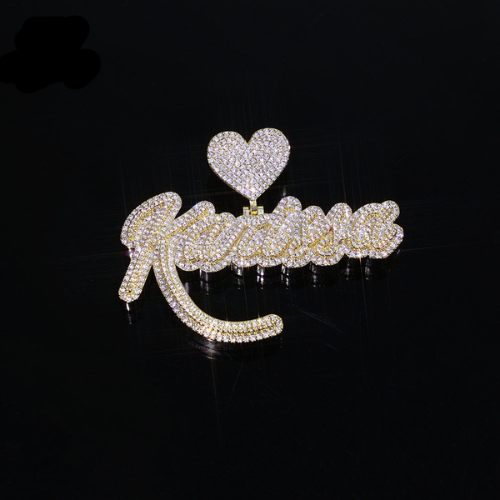Custom Cursive Name Pendant with Iced Heart, Gold Plated