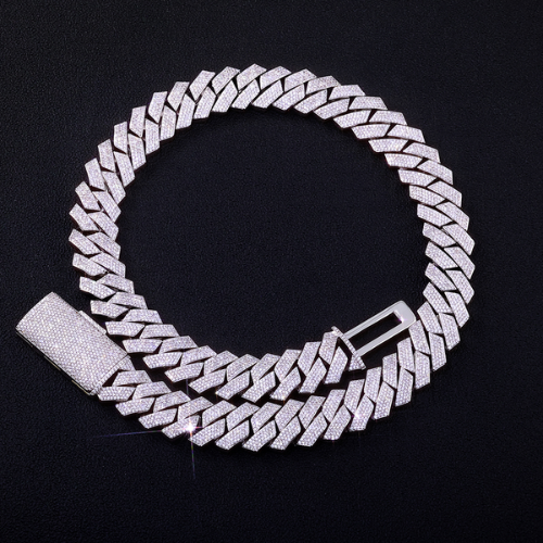 Iced Out 4 Row Prong Miami Cuban Link Chain, 18K Gold Plated