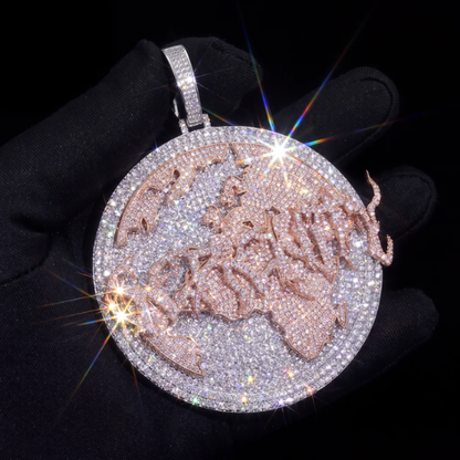 Custom Name World Map Pendant, Two Tone Silver and Rose Gold