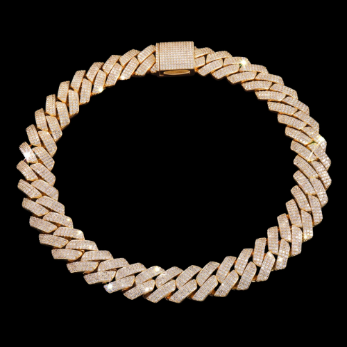 20MM Iced Out 3 Row Prong Cuban Link Chain, 18K Gold Plated