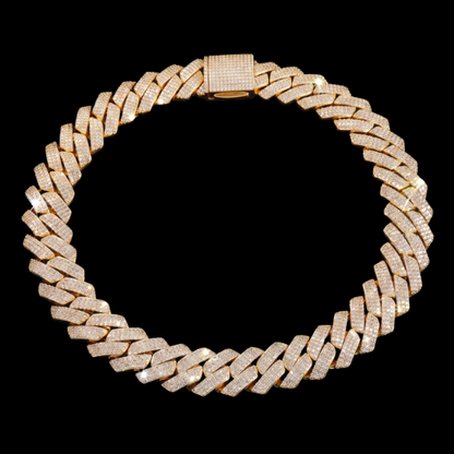 20MM Iced Out 3 Row Prong Cuban Link Chain, 18K Gold Plated