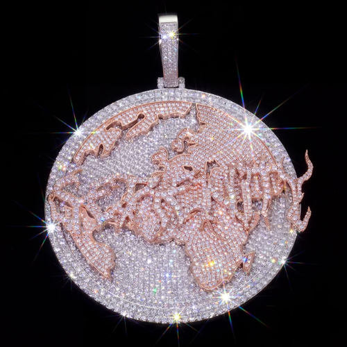 Custom Name World Map Pendant, Two Tone Silver and Rose Gold