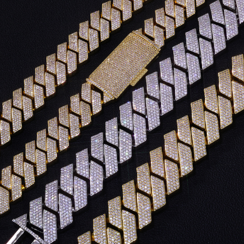 Iced Out 4 Row Prong Miami Cuban Link Chain, 18K Gold Plated