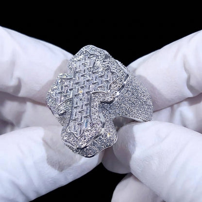 925 Sterling Silver Baguette Moissanite Cross Ring