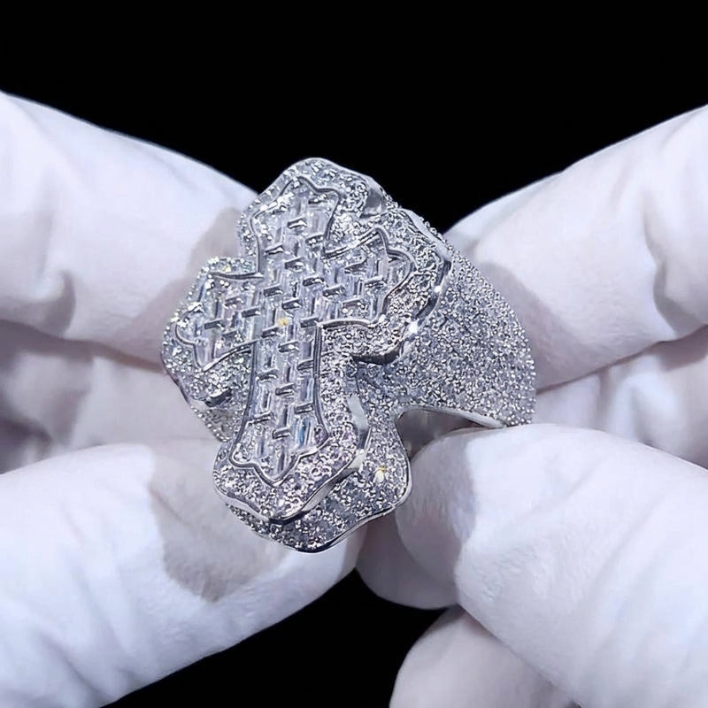 925 Sterling Silver Baguette Moissanite Cross Ring