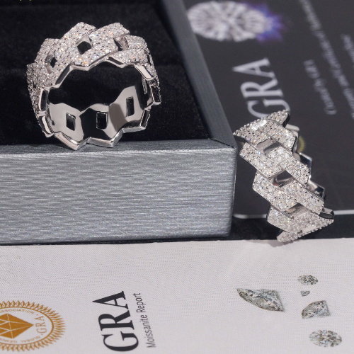 Moissanite Iced Out Cuban Link Ring, 925 Sterling Silver