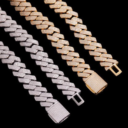 20MM Iced Out 3 Row Prong Cuban Link Chain, 18K Gold Plated
