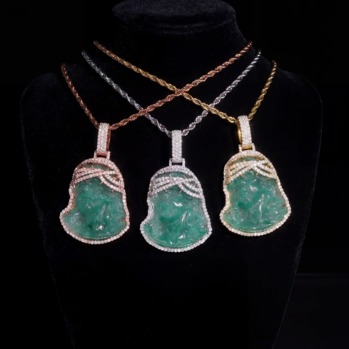 Iced Out Green Jade Jesus Piece Pendant 925 Sterling Silver