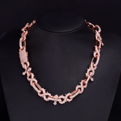 Iced Out Cross Infinity Link Chain, 18K Rose Gold Plated