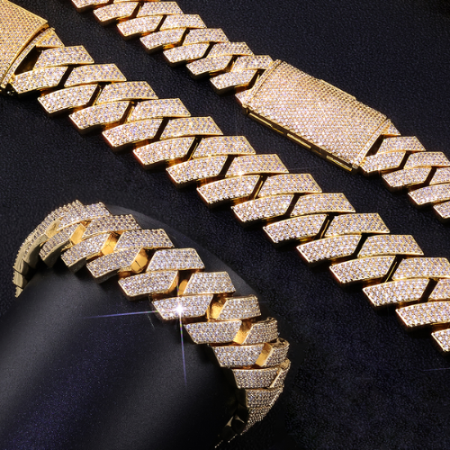 Iced Out 4 Row Prong Miami Cuban Link Chain, 18K Gold Plated