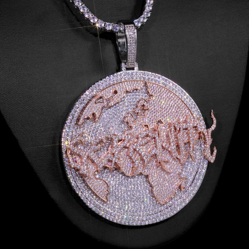 Custom Name World Map Pendant, Two Tone Silver and Rose Gold