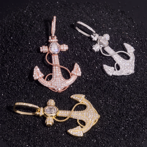 Iced Out Anchor Pendant, Moissanite Center Stone in 925 Sterling Silver