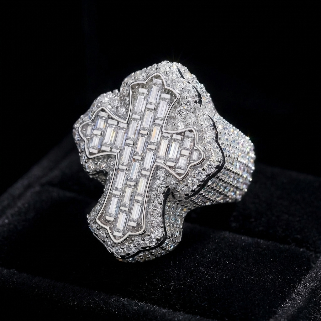 925 Sterling Silver Baguette Moissanite Cross Ring