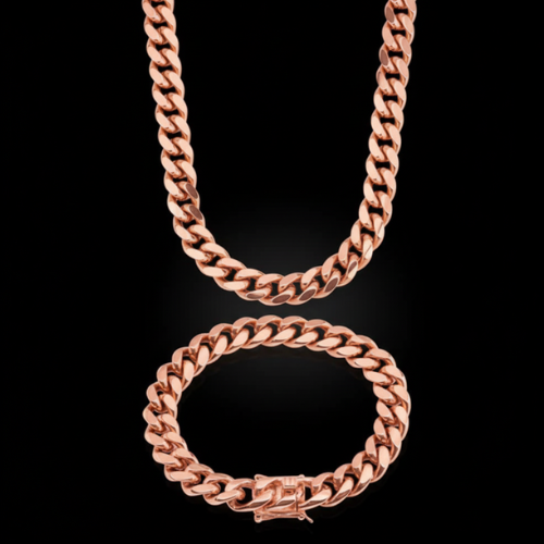 Rose Gold-Plated Cuban Link Necklace & Bracelet 14mm