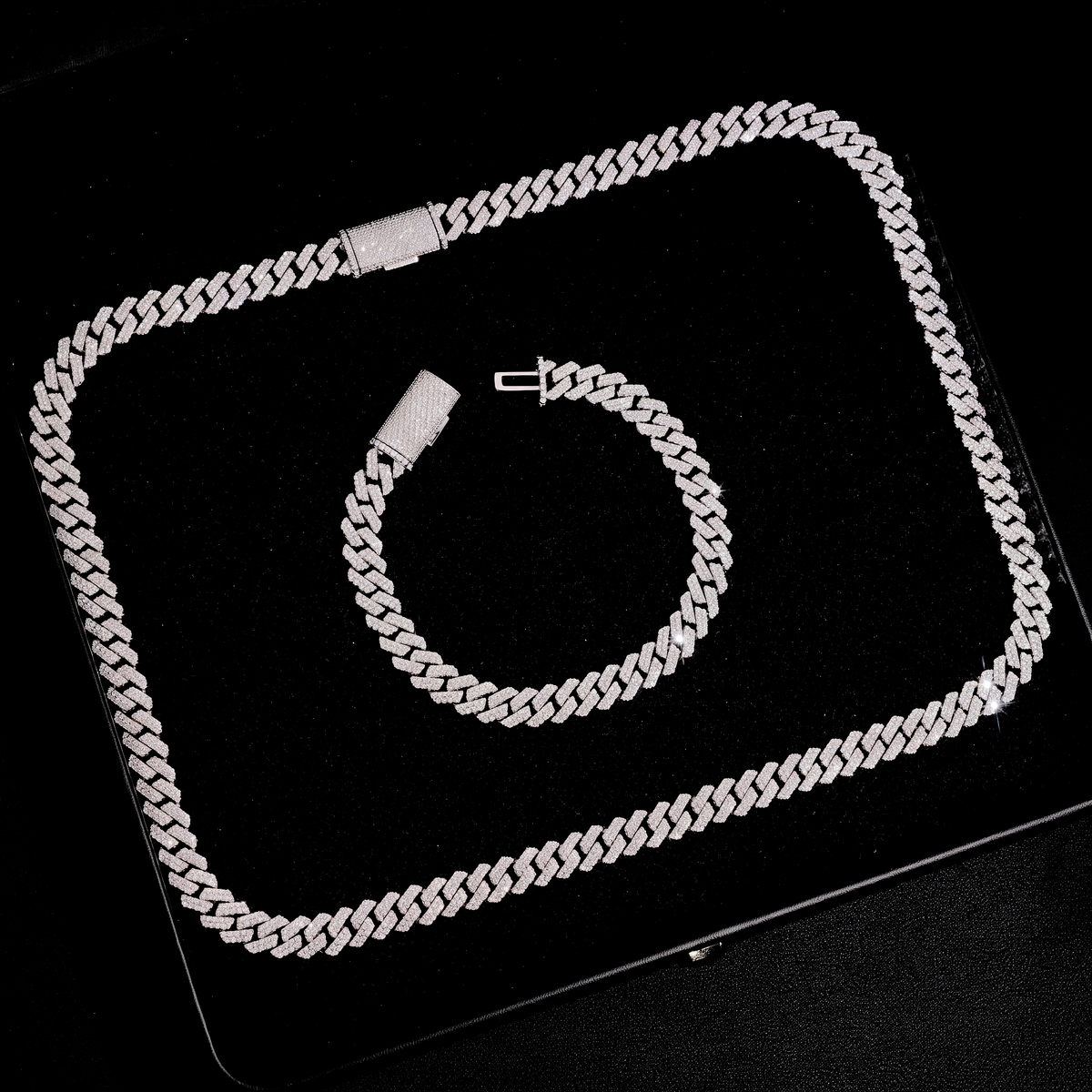 Moissanite Cuban link chain and bracelet set in black display box