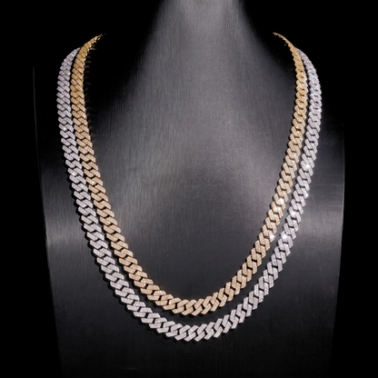 Gold and silver moissanite Cuban link chains on display bust