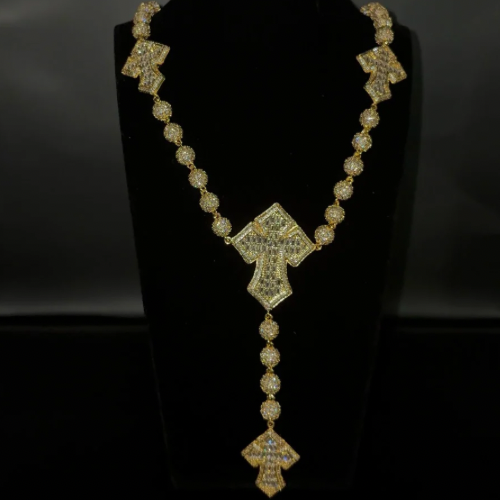 8mm Iced Cross Rosary Chain Necklace | 18K Gold & Rhodium Plated