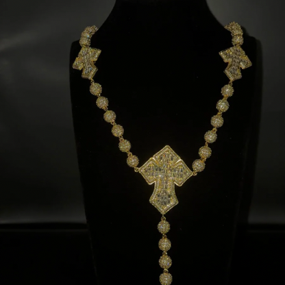 8mm Iced Cross Rosary Chain Necklace | 18K Gold & Rhodium Plated