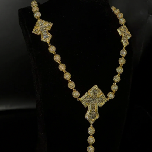 8mm Iced Cross Rosary Chain Necklace | 18K Gold & Rhodium Plated
