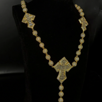 8mm Iced Cross Rosary Chain Necklace | 18K Gold & Rhodium Plated