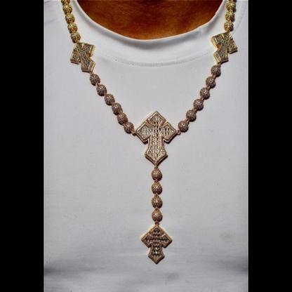 8mm Iced Cross Rosary Chain Necklace | 18K Gold & Rhodium Plated