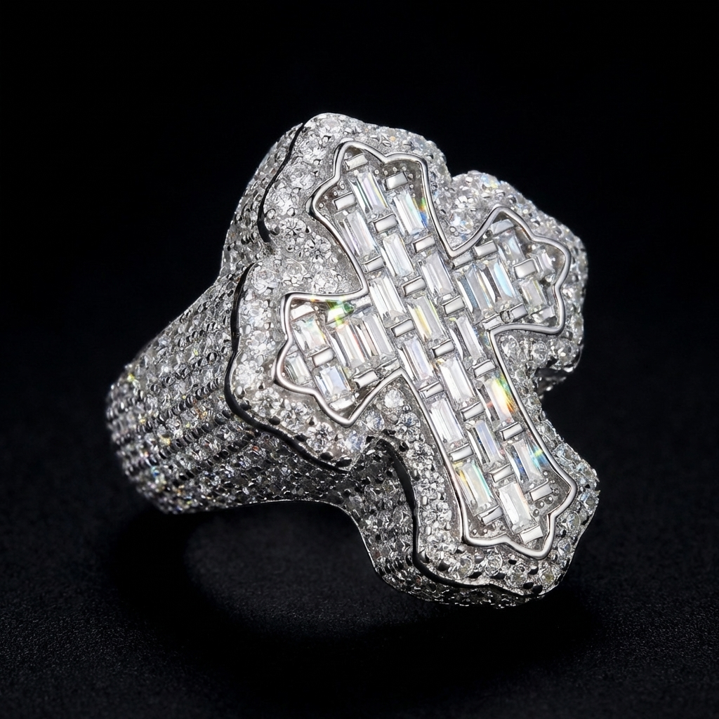 925 Sterling Silver Baguette Moissanite Cross Ring