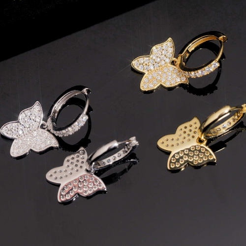MONARCH butterfly hoop earrings in silver and gold, front and back view