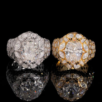 FULL BLOOM oval moissanite rings in silver and gold side by side on black