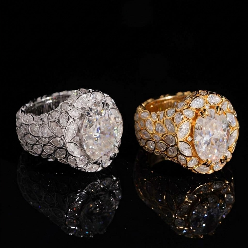 Angled view of FULL BLOOM moissanite rings showing marquise and pear cluster setting