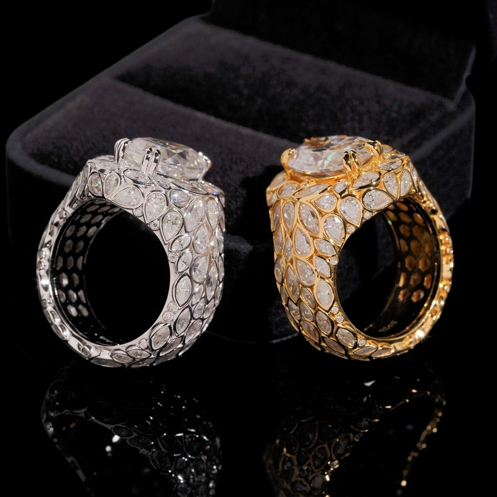 FULL BLOOM moissanite rings with honeycomb band resting on black velvet box