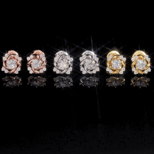 Blossom moissanite cluster stud earrings in silver, gold and rose gold on black