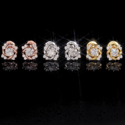 Blossom moissanite cluster stud earrings in silver, gold and rose gold on black