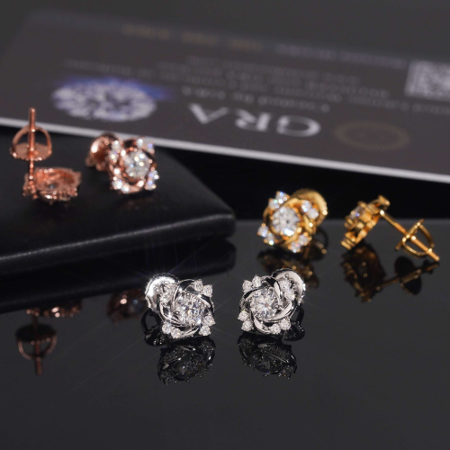 Blossom moissanite cluster studs showing screw back posts and GRA moissanite report