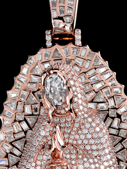 Macro detail of oval moissanite and baguette halo on LA REINA Virgin Mary pendant